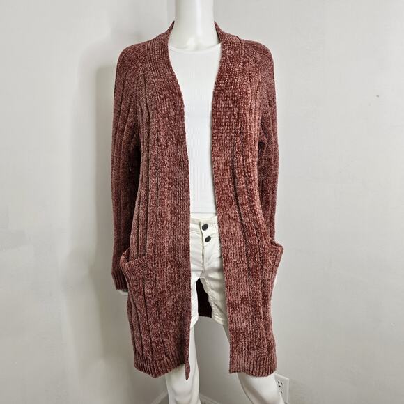 Miracle S/M Cardigan Open Front Chenille Pockets Chunky Knit Stretchy Dusty Red - Picture 1 of 10